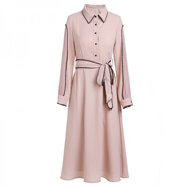 1940308-2021 early spring new style elegant lady commuting waist slim medium length linen dress 