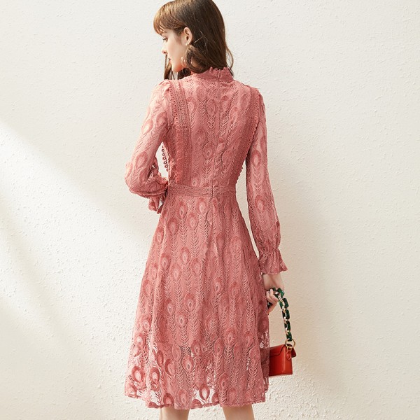 1941105-2021 spring new French heavy industry flocking lace slim temperament medium length dress 