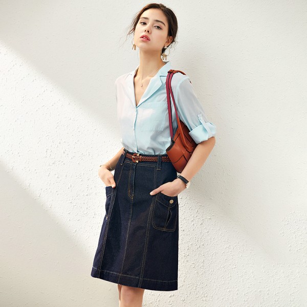 2006504-2021 summer new fashionable slim Lapel shirt + denim skirt two piece suit 