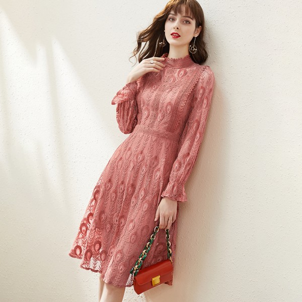 1941105-2021 spring new French heavy industry flocking lace slim temperament medium length dress 