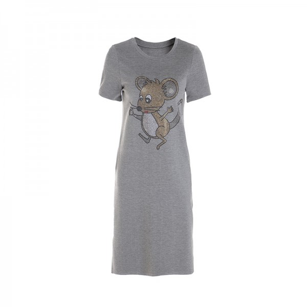 2006507-2021 spring and summer French New Age reducing round neck hot drill mouse T-shirt split casual dress 