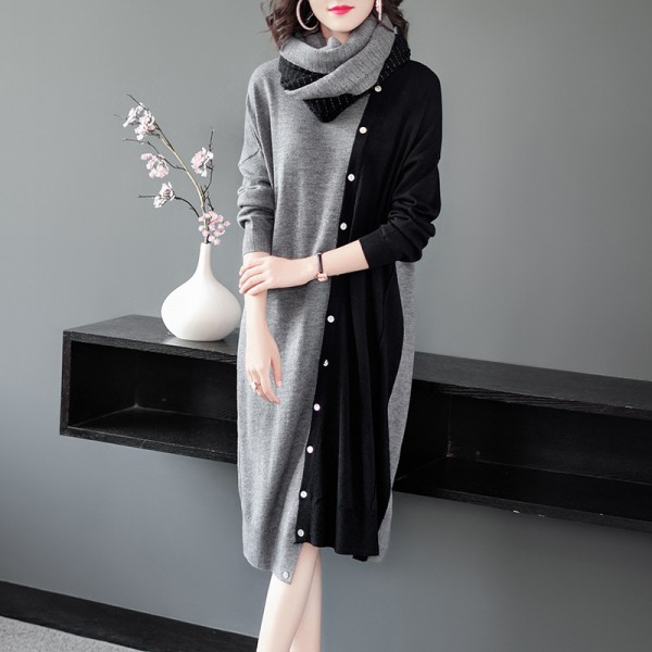 1926503-2021 autumn and winter new women's Scarf Collar simple temperament versatile show thin knitted dress irregular 