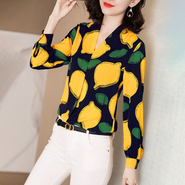 194021-2021 early spring new product fashion temperament versatile V-neck lemon print design chiffon shirt 