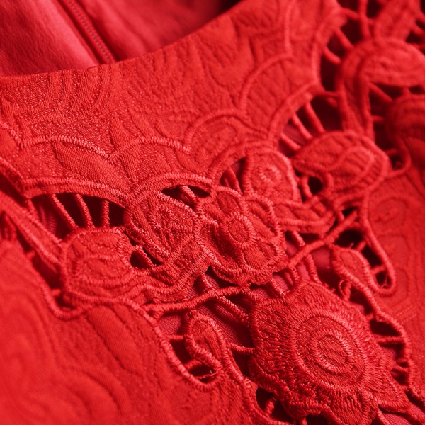 F1052-2021 Bridesmaid bride's return door red new year dress hollow out embroidered trumpet sleeve dress wedding night 