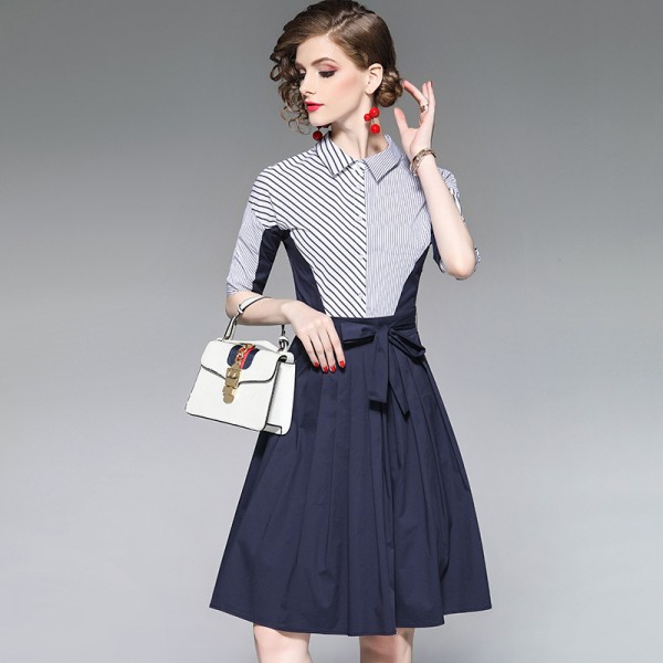 1910205-2021 spring and summer new women's fashionable slim down age contrast striped shirt middle dress 
