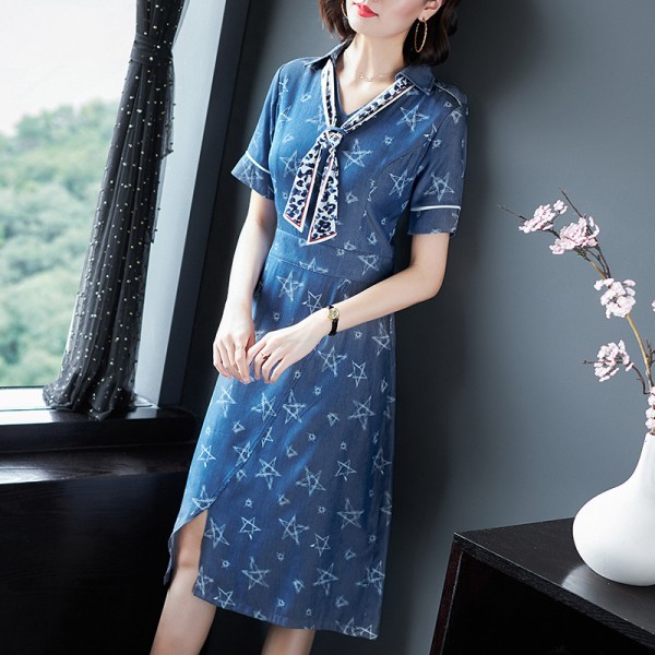 1913203-2021 summer new V-neck printing ribbon hand painted five pointed star waist split denim dress 