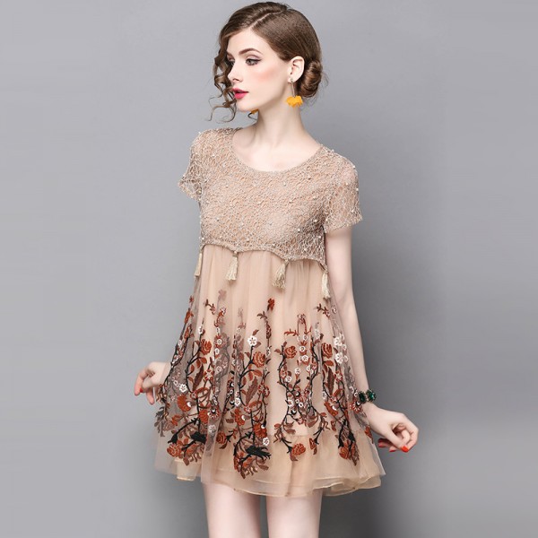 1706605-2021 summer new European and American women's round neck lace mesh embroidery short dress 