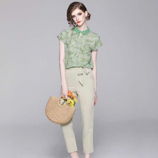 1920107-2021 summer new Chiffon printed shirt top + suit pants two piece suit with belt 