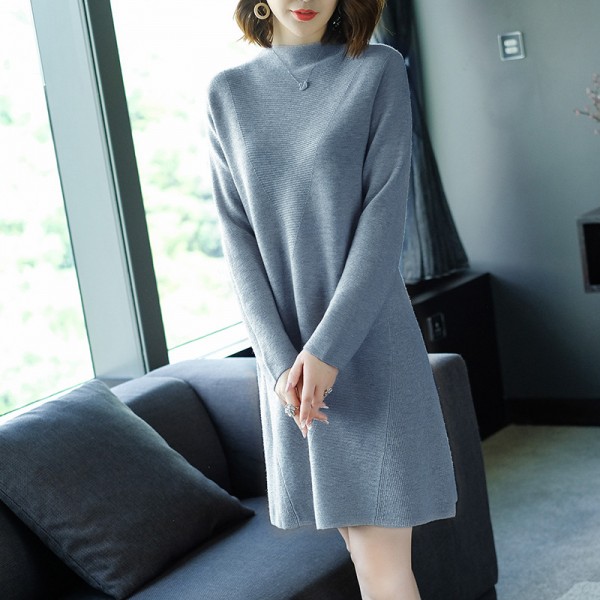 1826207-2021 autumn and winter new women's long sleeve dress temperament fashionable round neck wool weaving medium length 