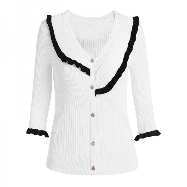 1924208-2021 autumn French new style elegant age reduction contrast ear edge V-neck single breasted knitted cardigan 