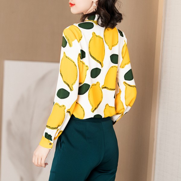 194021-2021 early spring new product fashion temperament versatile V-neck lemon print design chiffon shirt 