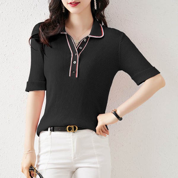 2004210-2021 spring and summer French new style temperament age reduction contrast polo collar short sleeve pit stripe T-shirt looks thin 