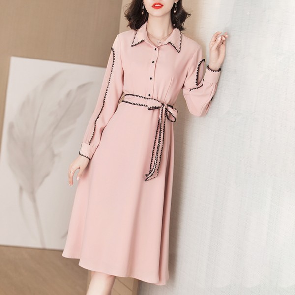 1940308-2021 early spring new style elegant lady commuting waist slim medium length linen dress 