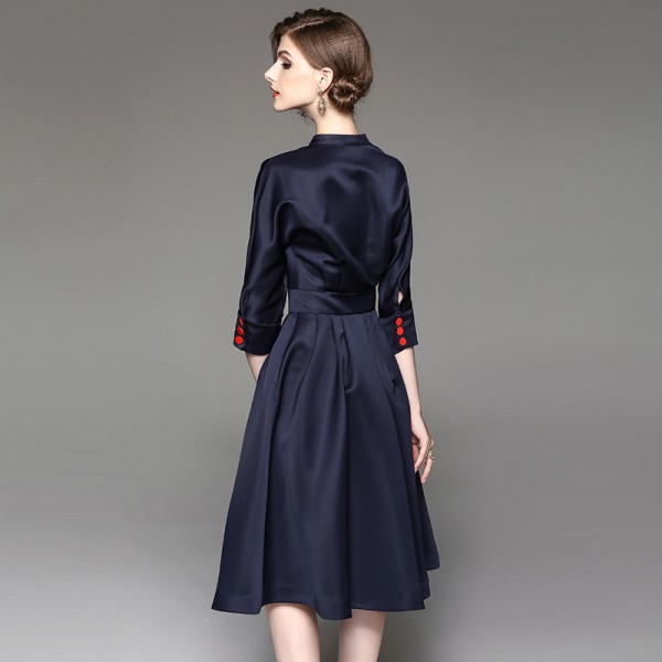 1714108-2021 spring and Autumn New Women's Hepburn style standing collar 7 / 6 sleeve middle swing dress 