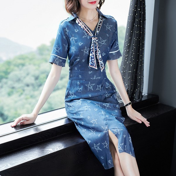 1913203-2021 summer new V-neck printing ribbon hand painted five pointed star waist split denim dress 