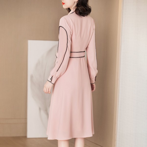 1940308-2021 early spring new style elegant lady commuting waist slim medium length linen dress 