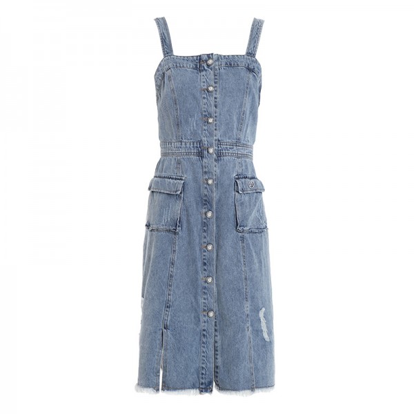Q2003108-2021 spring and summer new French age reducing strap skirt single breasted denim dress versatile youth 