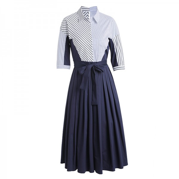 1910205-2021 spring and summer new women's fashionable slim down age contrast striped shirt middle dress 