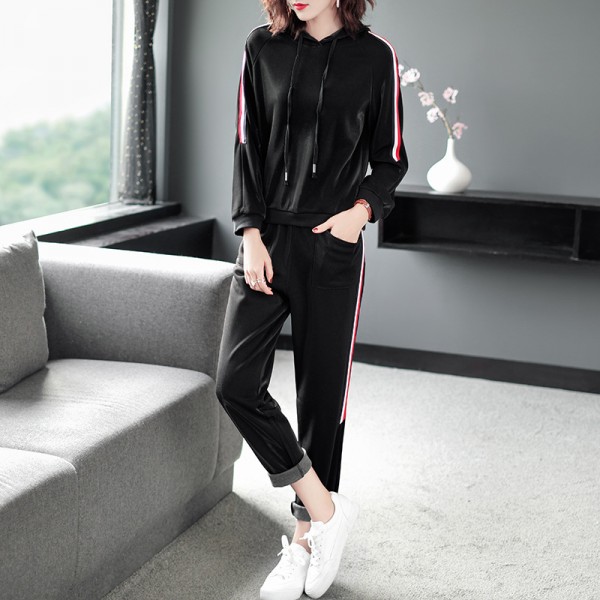 1926201-2021 autumn women's side striped Hoodie + high waist straight pants fashion casual two piece suit 