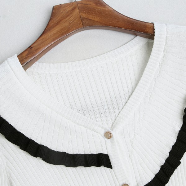 1924208-2021 autumn French new style elegant age reduction contrast ear edge V-neck single breasted knitted cardigan 