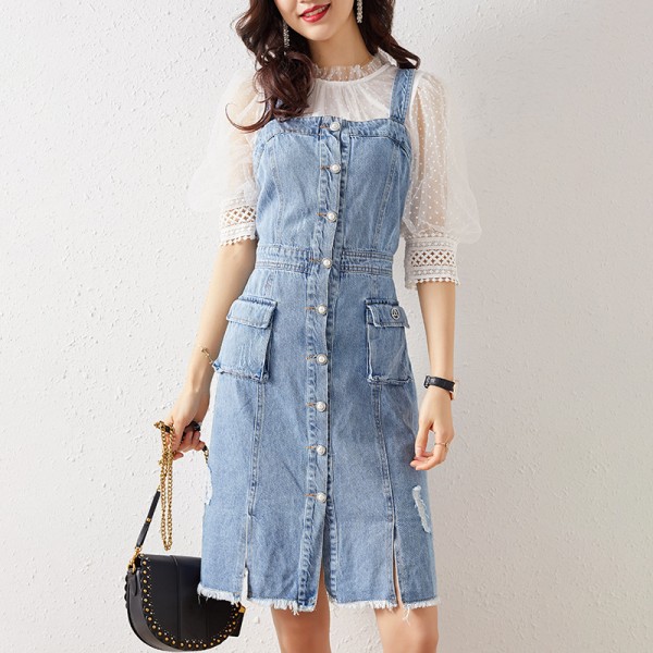 Q2003108-2021 spring and summer new French age reducing strap skirt single breasted denim dress versatile youth 