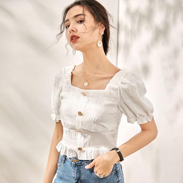 S2008805-2021 new French Chic one line collar age reducing bubble sleeve short sleeve T-shirt 