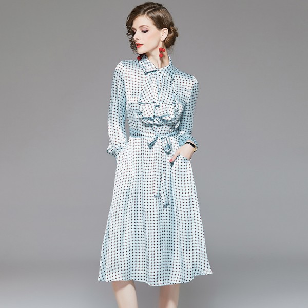 1939507-2021 early spring new fashion Ruffle geometric printing waist slim mid length dress 