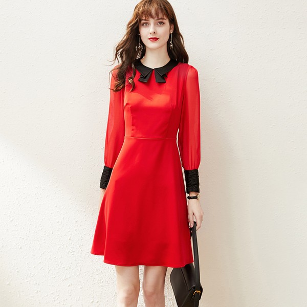 1941205-2021 spring new French temperament fashion contrast stitching Chiffon slim A-line dress 