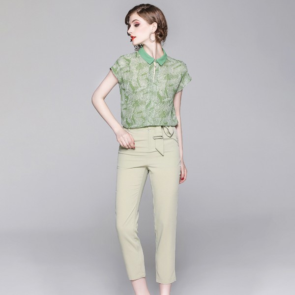 1920107-2021 summer new Chiffon printed shirt top + suit pants two piece suit with belt 