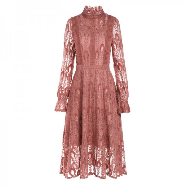 1941105-2021 spring new French heavy industry flocking lace slim temperament medium length dress 