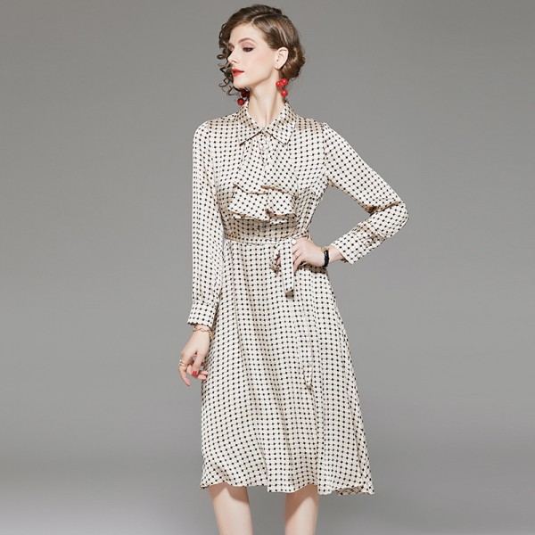 1939507-2021 early spring new fashion Ruffle geometric printing waist slim mid length dress 