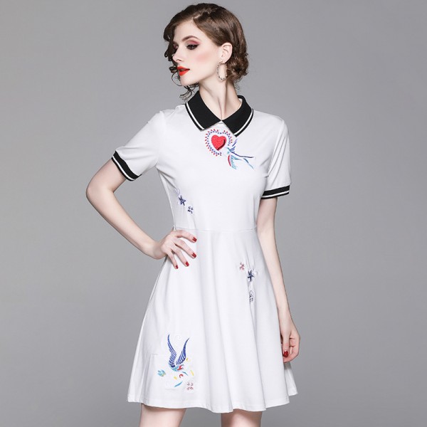 1920110-2021 summer new fashion heart embroidery polo collar dress slim and versatile 