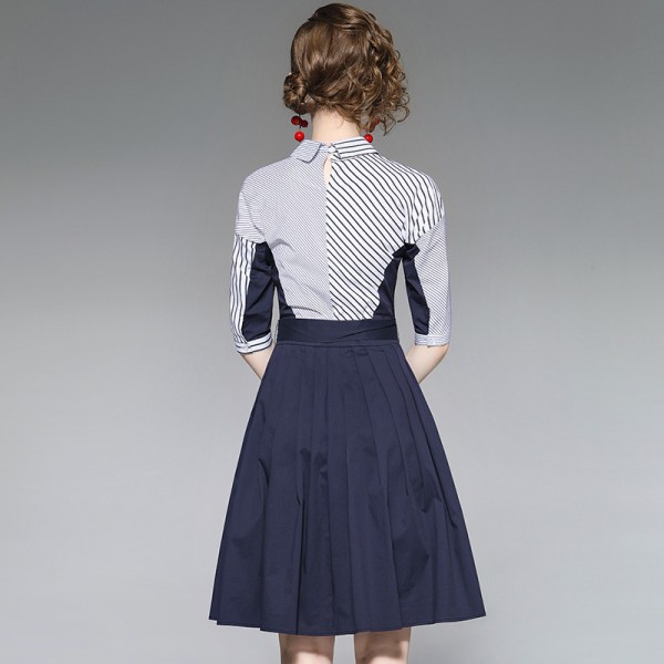 1910205-2021 spring and summer new women's fashionable slim down age contrast striped shirt middle dress 