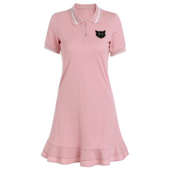 1914612-2021 summer new temperament heavy industry Beaded cat polo collar lotus leaf hem Short Sleeve Dress 