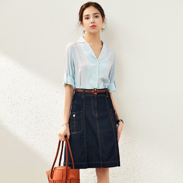 2006504-2021 summer new fashionable slim Lapel shirt + denim skirt two piece suit 