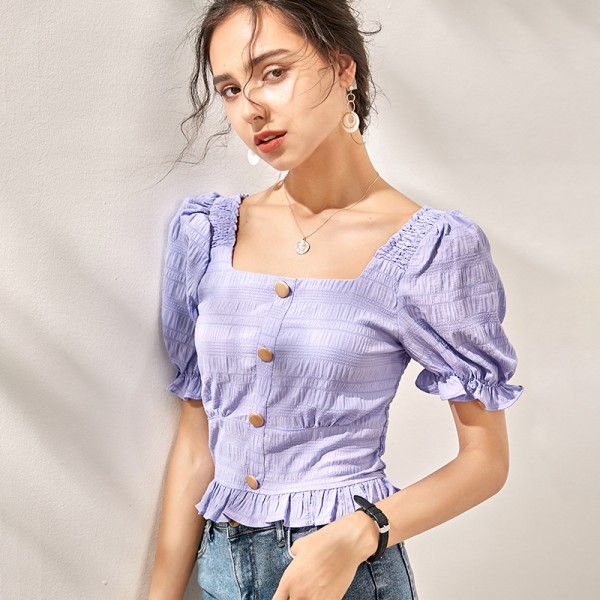 S2008805-2021 new French Chic one line collar age reducing bubble sleeve short sleeve T-shirt 