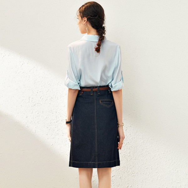 2006504-2021 summer new fashionable slim Lapel shirt + denim skirt two piece suit 