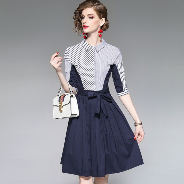 1910205-2021 spring and summer new women's fashionable slim down age contrast striped shirt middle dress 