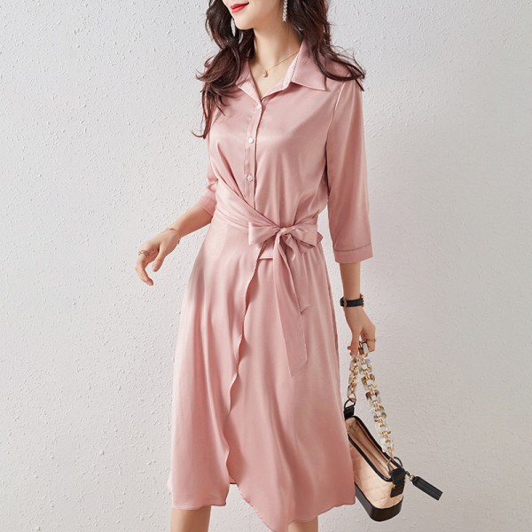 2003304-2021 spring and summer new light sense Satin waist band design shirt skirt dress commuter 