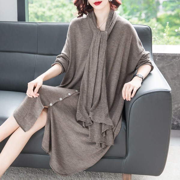 1831310-2021 autumn new temperament commuter dress elegant wool irregular skirt + comfortable scarf 