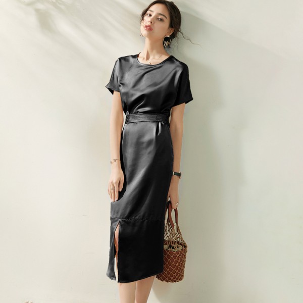 2006308-2021 new French chic style elegant round neck slim split simple fashionable dress 