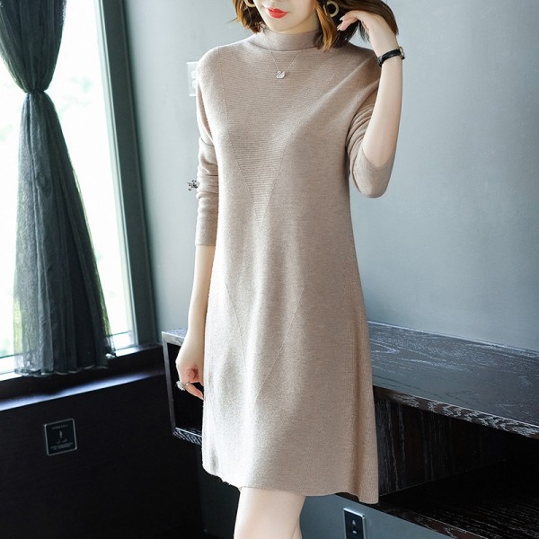 1826207-2021 autumn and winter new women's long sleeve dress temperament fashionable round neck wool weaving medium length 