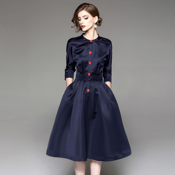 1714108-2021 spring and Autumn New Women's Hepburn style standing collar 7 / 6 sleeve middle swing dress 