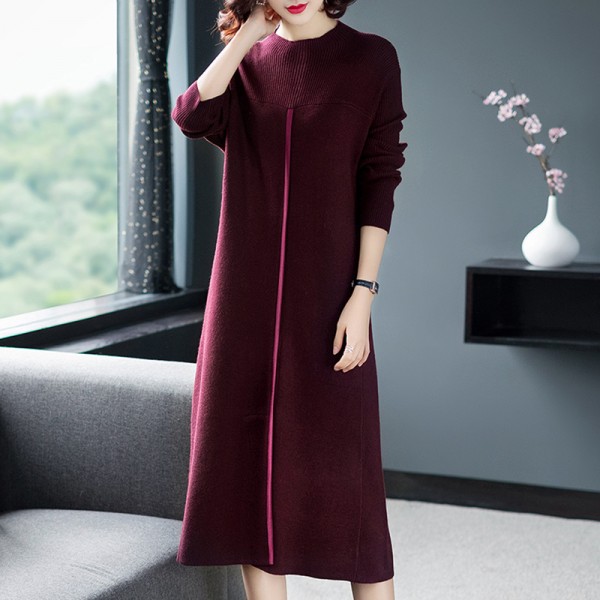 1850101-2021 autumn and winter new temperament commuter dress elegant solid round neck long sleeve medium length A-line skirt 