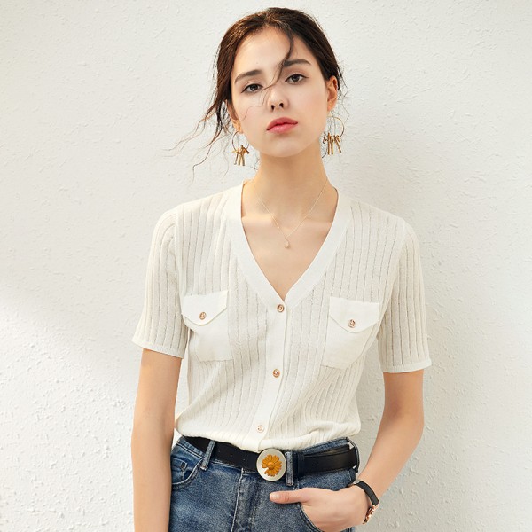 S2006405-2021 spring and summer new French retro top versatile temperament knitted cardigan simple T-shirt lazy 