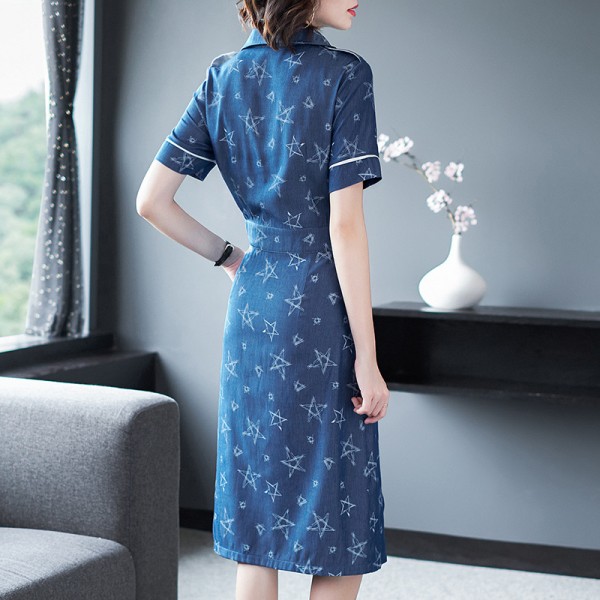 1913203-2021 summer new V-neck printing ribbon hand painted five pointed star waist split denim dress 