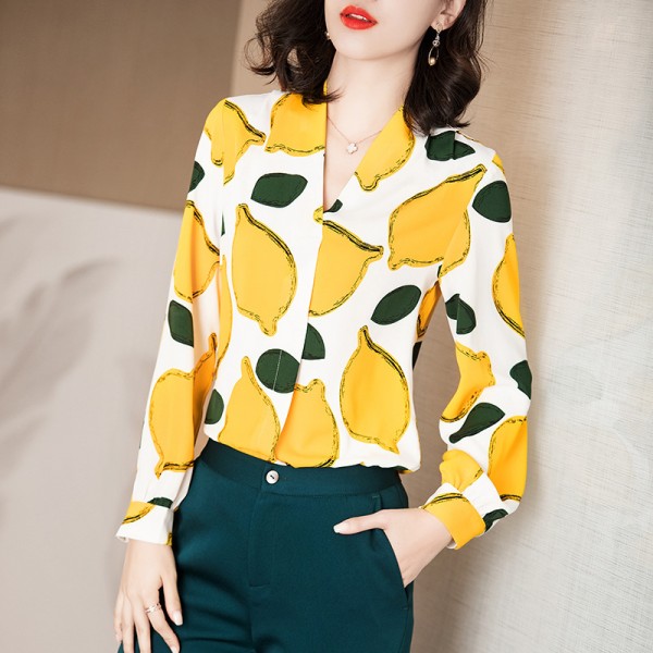 194021-2021 early spring new product fashion temperament versatile V-neck lemon print design chiffon shirt 