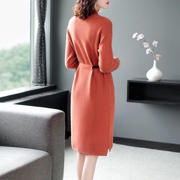 1926209-2021 autumn and winter simple goddess model waist belt design knitted dress turtleneck sweater 