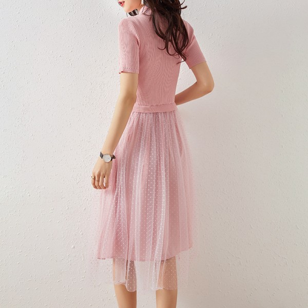 2003103-2021 spring and summer new slim knitting flocking wave dot mesh fake two dresses with simple temperament 