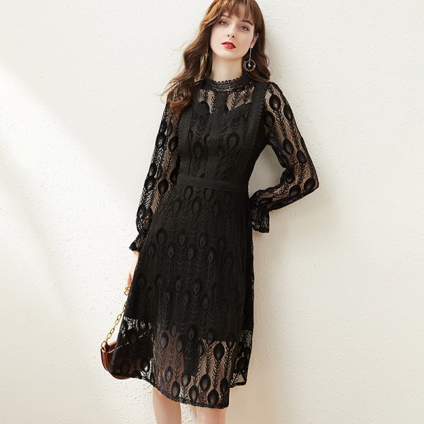 1941105-2021 spring new French heavy industry flocking lace slim temperament medium length dress 